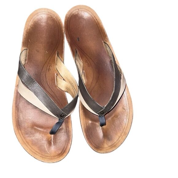 Olukai Tan and Brown Leather Thong Sandals Size 11 - Picture 2 of 6